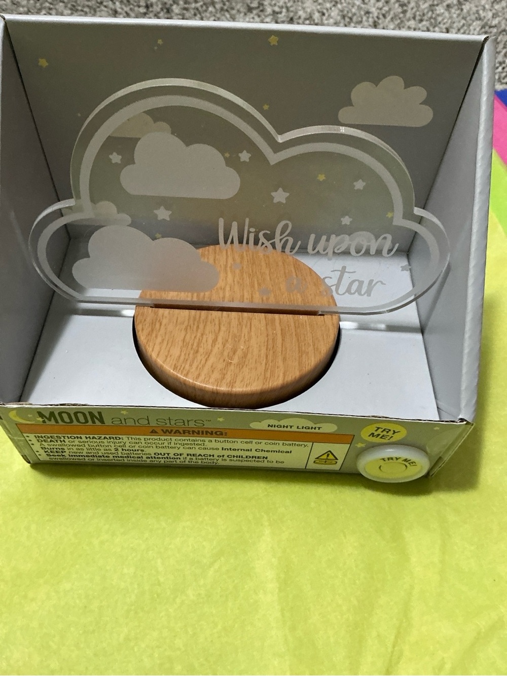 Cloud Acrylic Night Light with Wood Base - 'Wish Upon a Star'